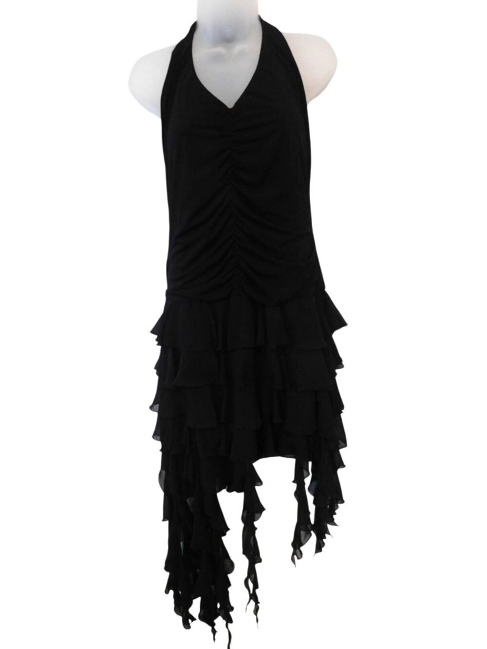 Betsy & Adam Linda Bernell Black Halter Ruffle Dress Sz 14 Goth Y2K Formal